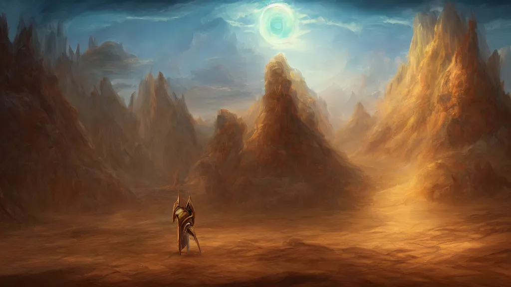 Prompt: landscape, a mage pharaoh is wandering the desert. fantasy, digital painting, hd, detailed.
