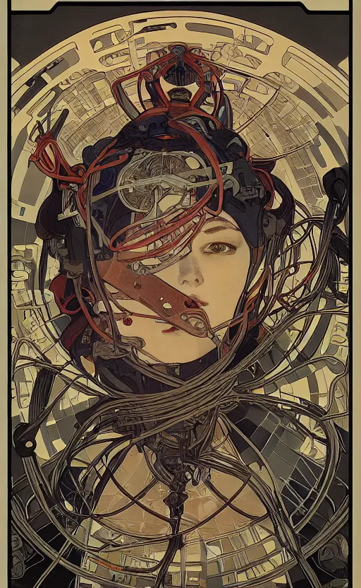 Prompt: upper half portrait of army mecha robot - wires and vines as poster design borders, art by alphonse mucha & utagawa kunisada, highly detailed, digital painting, concept art, illustration, smooth sharp focus, intricate, symmetry, artstation, colourful,