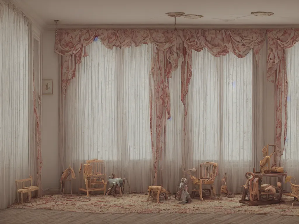 Image similar to 3D render of vintage interior house with very large curtains and toys on the floor and a rocking horse in the middle, High detail, Octane Render, faded colors, pastel colors