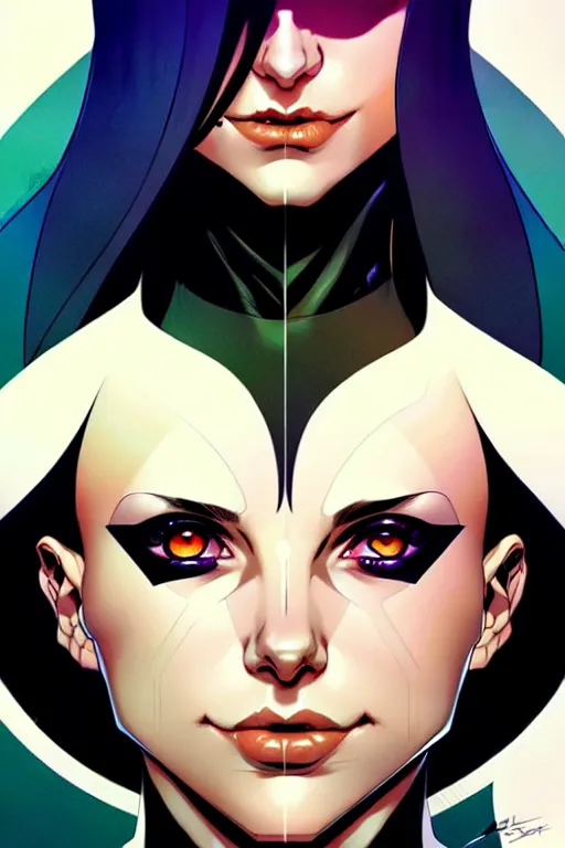 Image similar to artgerm, joshua middleton comic cover art, pretty domino marvel comics sarah michelle gellar entire full body, white skin, asymmetrical black spot covering left eye, no spot right eye, symmetrical eyes, symmetrical face