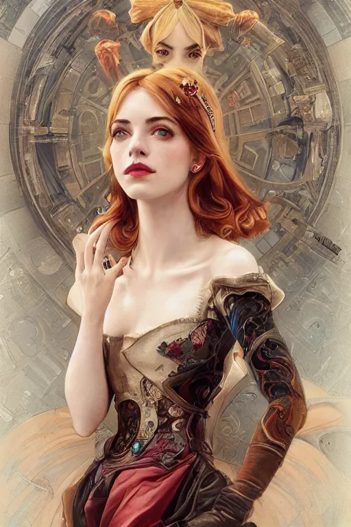 Image similar to a cobination of emma roberts, emma stone and emma watson as a baroque steampunk, augmented cyborg, half body, d & d, fantasy, intricate, elegant, highly detailed, colorful, vivid color, digital painting, artstation, concept art, art by artgerm and greg rutkowski and alphonse mucha and ruan jia