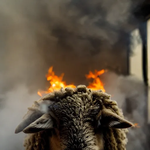 Prompt: a sheep in a burning room, DSLR photo