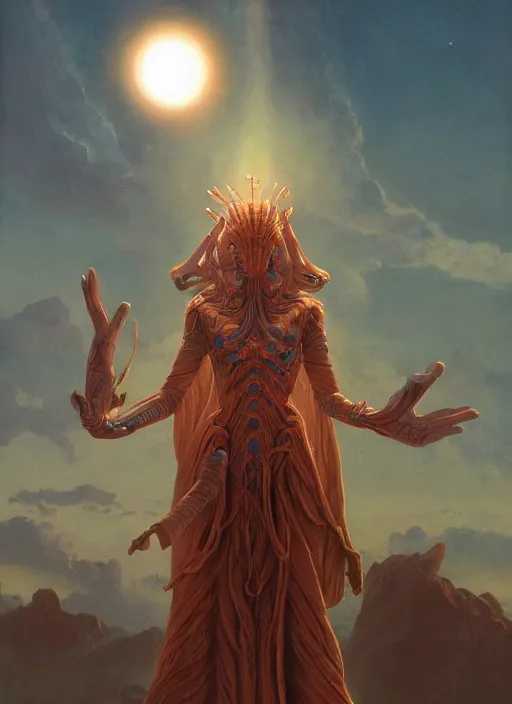 Prompt: biblical female druid android, pattern on skin, glowing veins, in clouds, sunset, portrait by wayne barlowe, by peter elson, by anato finnstark, studio lighting, muted colors, by frank frazetta, extreme detail, reflections, trending on artstation, 8 k