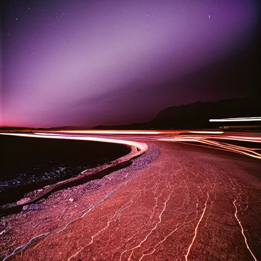 Image similar to long exposure night lansdscapes, 5 seconds shutter, Cinestill 800T