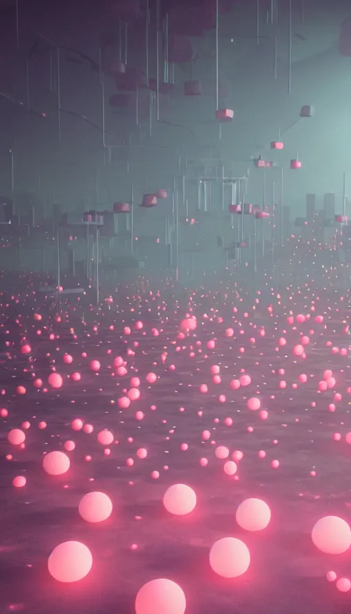 Image similar to a dystopian landscape made of fluffy neon balls, Octane Render, cinematic