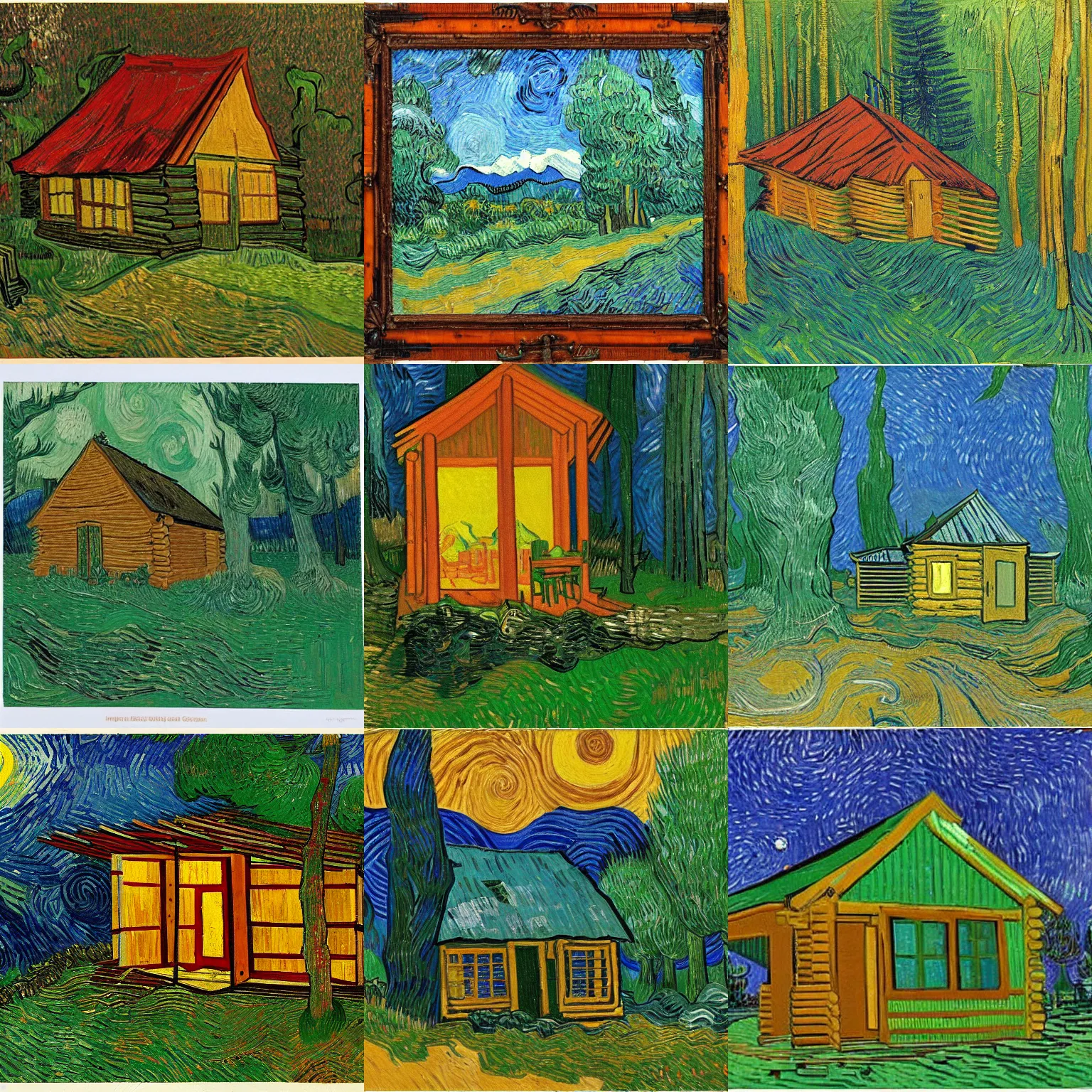 Prompt: [ a log cabin in the forest ] [ van gogh ] [ 1 9 8 0 s ]