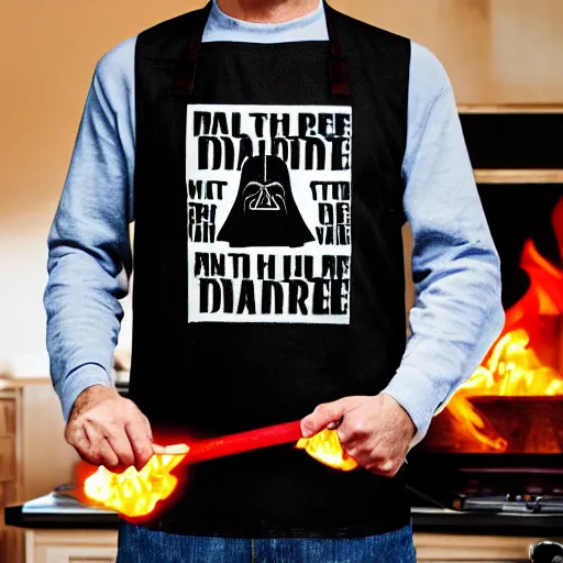 Image similar to darth vader wearing a apron with a funny foke on it grilling at his house on tatoonie, realistic