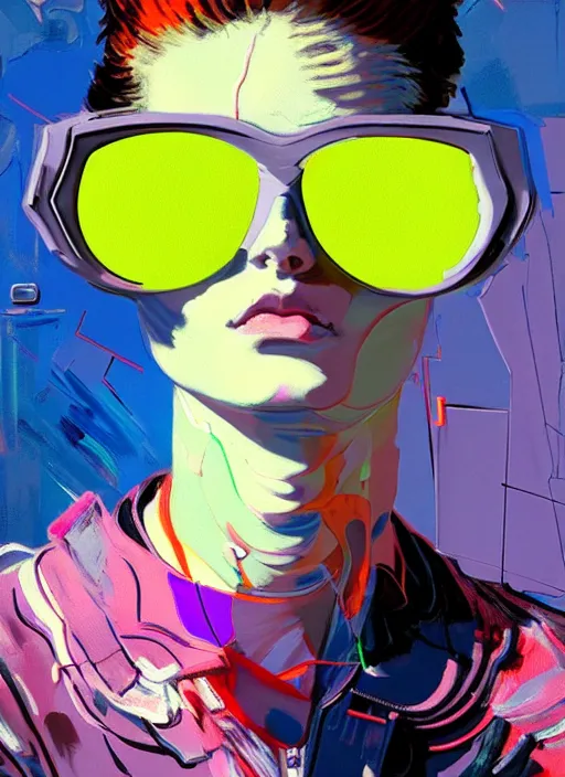 Prompt: an angelic androgynous hacker with a data disk in vast cyberspace glitching through a vulnerable server, wearing sunglasses, futuristic clothes, vibrant colors, rule of thirds, spotlight, drips of paint, expressive, passionate, by greg rutkowski, by jeremy mann, by francoise nielly, by van gogh, digital painting