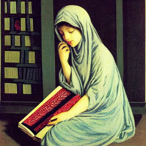 Image similar to a girl reading, islamic pattern, by magritte, by gustave moreau,