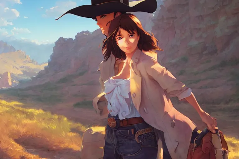 Image similar to single subject digital art of a western cowgirl western girlfriend, scenic full shot, ambient lighting, detailed face, by makoto shinkai, stanley artgerm lau, wlop, rossdraws