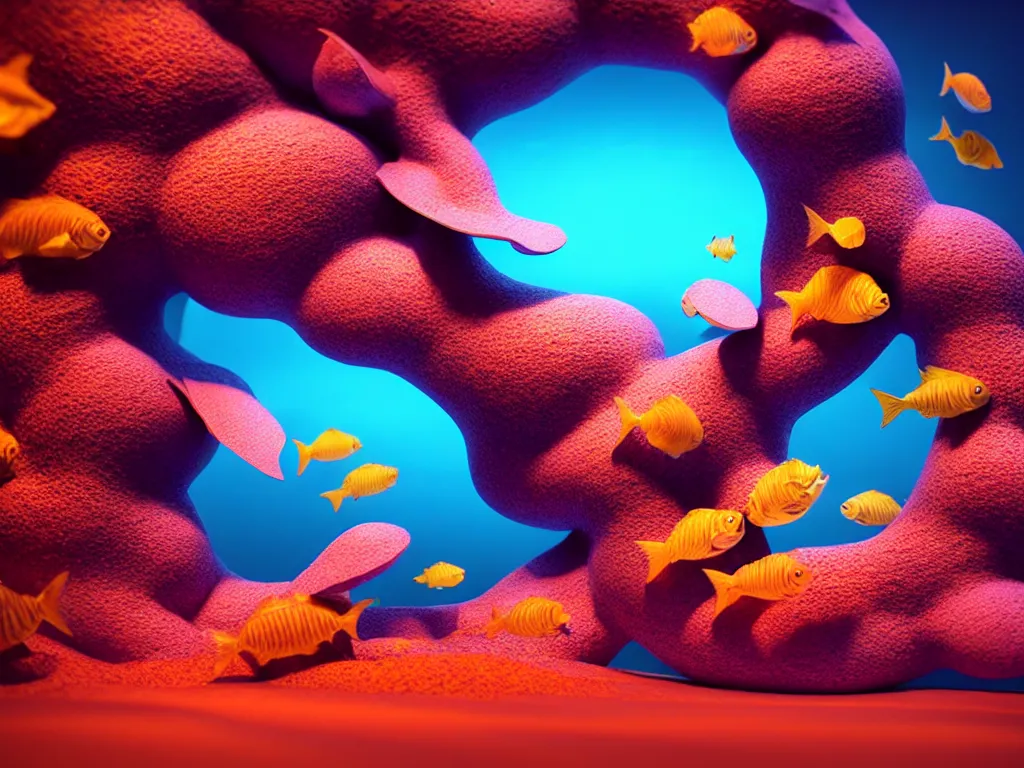 Image similar to a sculpture of fish ocean intertwined, diode lighting, a lovely cornucopia of flowers and human body parts, body parts, highly detailed, octane render, cinematic, sharp focus, clean, studio lighting, sunset, great barrier reef, at sea level