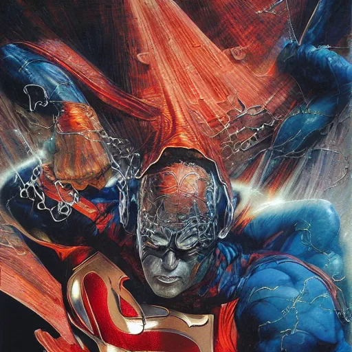 Prompt: detailed image of struggling Superman by Ayami Kojima, Amano, Karol Bak, Greg Hildebrandt, and Mark Brooks, rich deep colors. Beksinski painting, part by Adrian Ghenie and Gerhard Richter. art by Takato Yamamoto. medium shot. masterpiece . intricate artwork by Tooth Wu and wlop and greg manchess, greg rutkowski, very coherent artwork, cinematic, hyper realism, high detail, octane render, unreal engine, 8k, Vibrant colors, Smooth gradients, High contrast. by Katsuhiro Otomo, inspired by anime, movie grain, intricate detail, extremely detailed. painting by Arthur Rackham, Eugene de Blaas, Frederic Leighton