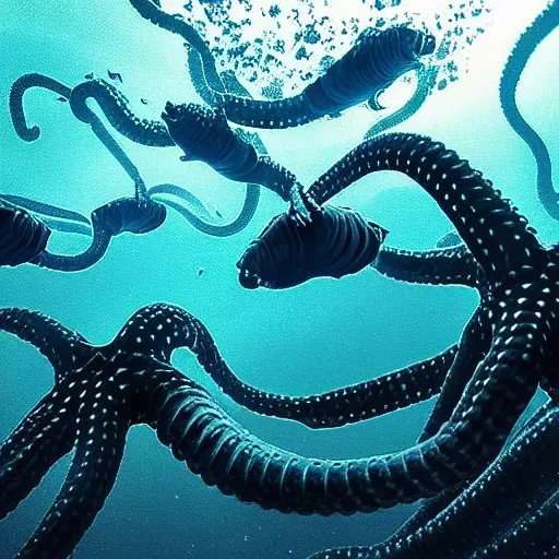 Prompt: “a swarm of dark tentacles underwater, underwater photography, trending on artstation, crepuscular rays, deep blue dark water background, abyss”