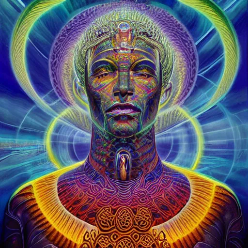 Prompt: the sacred dmt king by alex grey in the style of oil painting visionary art, intricate artwork by Tooth Wu and wlop and beeple. , trending on artstation, greg rutkowski very coherent symmetrical artwork