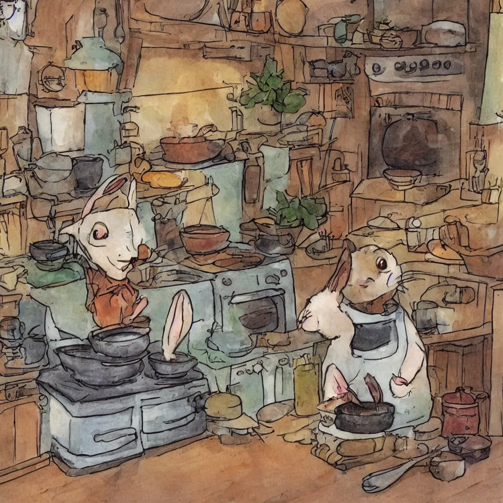 Image similar to a rabbit cooking in a french cozy kitchen in the style of studio ghibli