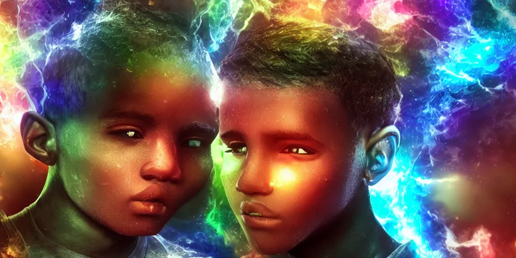 Image similar to a 16 year old boy with god rainbow elemental powers brown hair cut like lebron james a rainbow t shirt that says subscribe to waya steurbaut 2 on youtube and a half robot half elve half demon cute boy octane render in the style of waya steurbaut, high resolution film render 100k, photo realistic