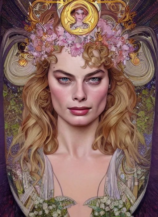 Image similar to Margot Robbie as God of Beauty, cute, fantasy, intricate, elegant, highly detailed, digital painting, 4k, HDR, concept art, smooth, sharp focus, illustration, art by alphonse mucha,artgerm, H R Giger