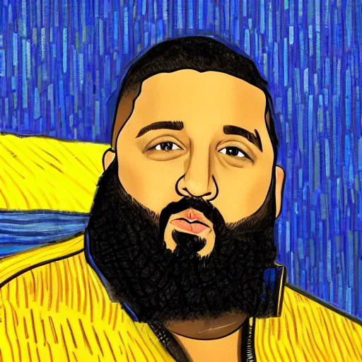 Image similar to ultra realistic portrait of dj khaled in a studio, ultra detailed, under blue, red and yellow cinematic lighting, by van gogh, cartoon