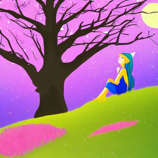 Prompt: A female teenager elf is looking at the moon at the top of a hill with pink grass, under a big tree with pruple leaves.