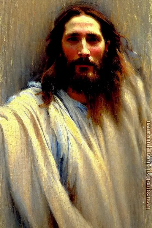 Image similar to impressionist brushstrokes!!!!!!!!! solomon joseph solomon and richard schmid and jeremy lipking victorian loose genre loose painting full length portrait painting of jesus with a slight smile happy inviting