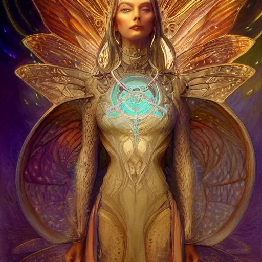 Prompt: beautiful closeup portrait of an android fairy queen, glowing eyes. reflective detailed textures, moth wings, highly detailed dark fantasy science fiction painting by donato giancola and peter mohrbacher and nicholas roerich, elaborate geometric ornament, ancient runes, silver and cool colors. artstation