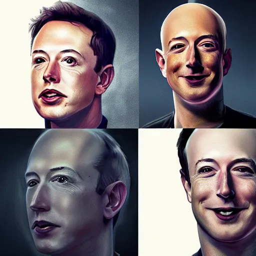 Image similar to portrait of elon musk, mark zuckerberg and jeff bezos together, together, very detailled, art contest winner on behance, trendy on deviant art, by by artgem, greg rutkowski