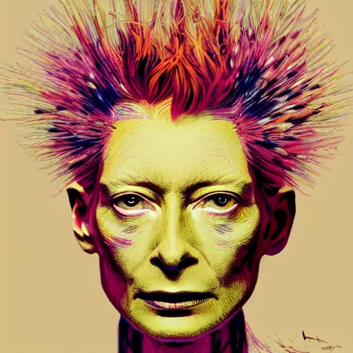 Image similar to a realistic yet sketched fierce neon tilda swinton, trending on artstation, by archan nair and marlene duma, intricate details, flowers, in the style of frank auerbach, in the style of martin ansin, in the style of david aja, in the style of mattias adolfsson