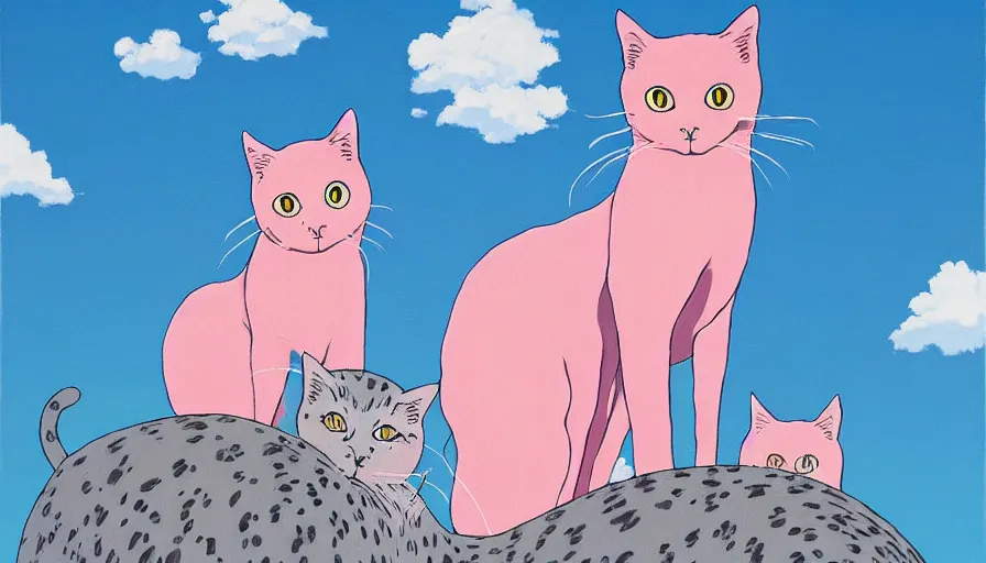 Image similar to highly detailed contemporary acrylic painting of really tall sitting cats by studio ghibli, thick brush strokes and visible paint layers, glistening clouds in background, light blue black, white and pink vivid pastel color scheme