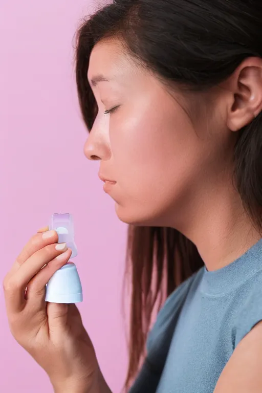 Prompt: Woman Breathing Through a Pink Vapor Inhaler, side view