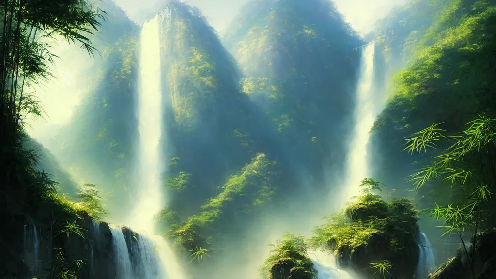 Prompt: a beautiful painting of bamboo ， waterfall ， sunshine ， trail ， mountains by greg rutkowski and thomas kinkade, trending on artstation