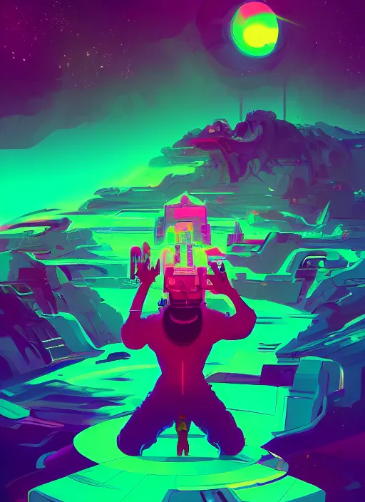 Prompt: Djing in front of the universe, digital art, hyper detailed, trending on artstation, by Anton Fadeev and Greg Rutkowski, 4K