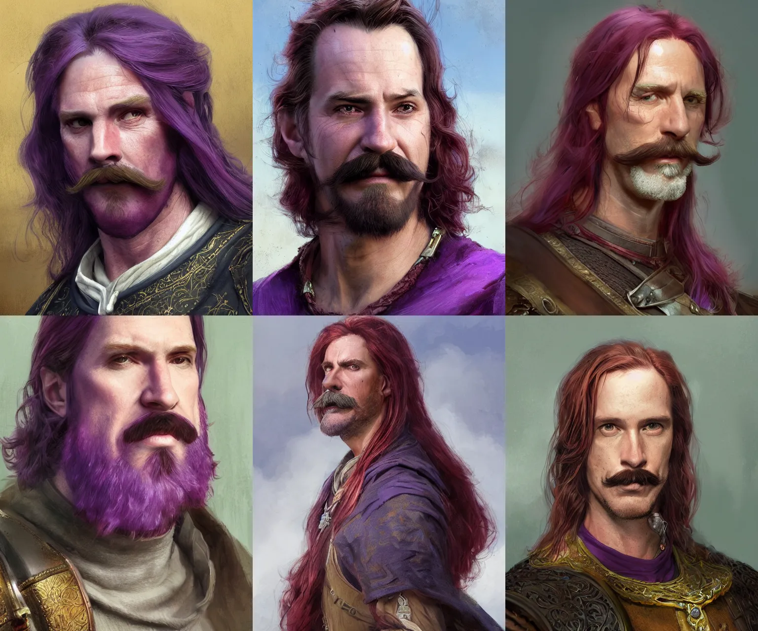 Prompt: half - length portrait of a 6 0 - year - old human male noble with long red hair, mustache and soul patch, no beard, purple clothes, medieval setting, detailed face, highly detailed, artstation, concept art, sharp focus, by greg rutkowski, craig mullins, artgerm