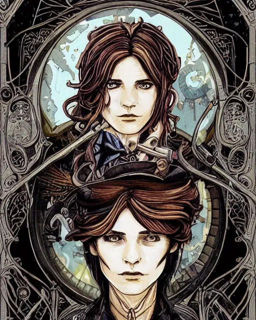 Image similar to a detailed portrait illustration of a steampunk wizard - gunslinger. beautiful androgynous teenage face. art nouveau, pop art, comic book style. influenced by neil gaiman, jules verne, dan mumford, brian froud, killian eng, ross tran.