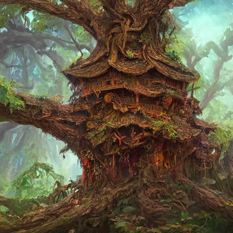 Image similar to a wooden palace growing from a tree, wild colors, intricate, highly detailed, digital painting, artstation, concept art, smooth, sharp focus, illustration, art by john avon, Lucas Graciano, Sarah Finnigan, sharp, smooth