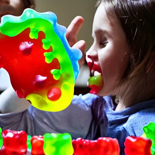 Image similar to a monster gummy bear tries to eat kids inside a kindergarten