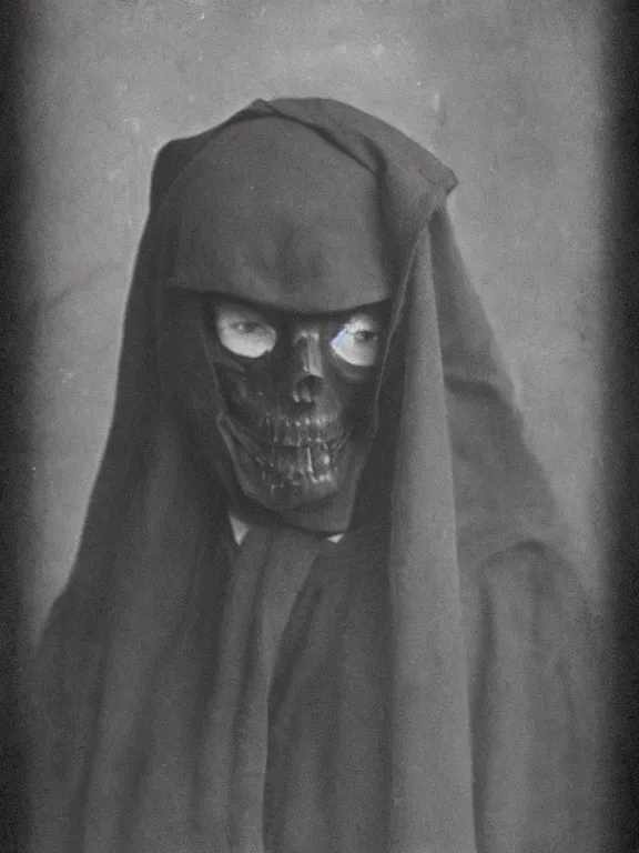 Image similar to portrait of faceless grim reaper with covered facr, ww1 photo, grainy, high detail, high resolution,