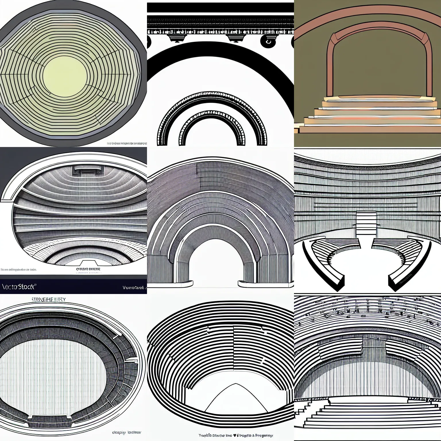 Prompt: a stephen biesty cross - section, simplified smooth shaded ancient amphitheater, precise! vector trace, 3 / 4 extra - wide shot, occlusion, white background