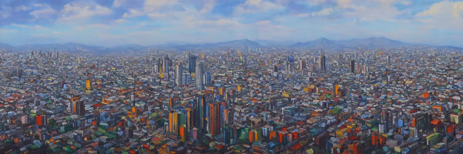 Prompt: A cityscape of Mexico City in the style of Wayne Thibaud, detailed oil painting, 4k