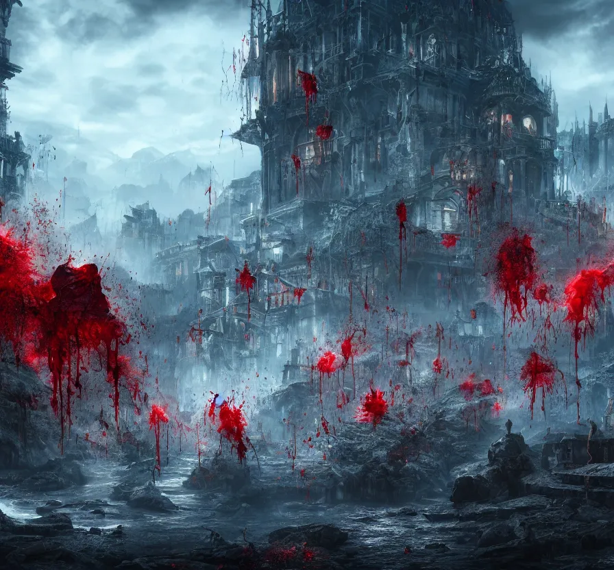 Image similar to blood rain in town, fantasy artwork, very beautiful scenery, hd, hdr, ue 5, ue 6, unreal engine 5, cinematic 4 k wallpaper, 8 k, ultra detailed, by popular digital artist,