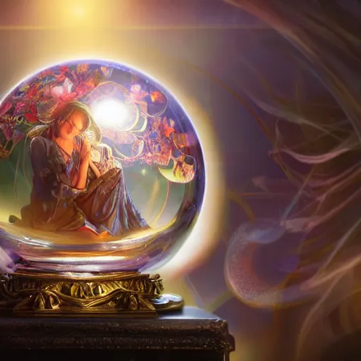 Prompt: crystal ball on a stand with a beautiful dreamscape inside, studio product photography, super highly detailed, professional digital painting, artstation, concept art, smooth, sharp focus, extreme illustration, unreal engine 5, photorealism, beautiful, cinematic, art by artgerm and rutkowski and alphonse mucha and loish and wlop