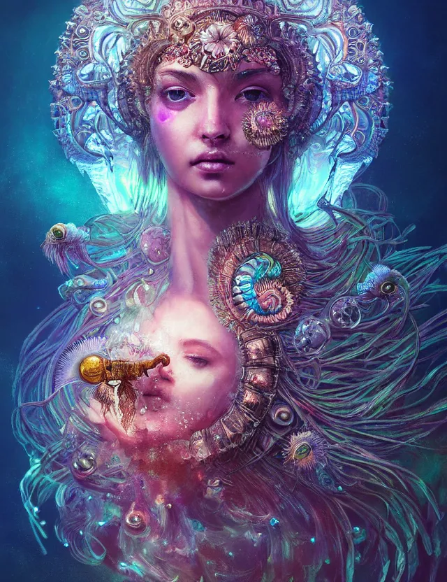 Prompt: goddess macro close - up portrait in crown made of ram skull. betta fish, jellyfish phoenix, bioluminiscent, plasma, ice, water, wind, creature, super intricate ornaments artwork by tooth wu and wlop and alena aenami and greg rutkowski