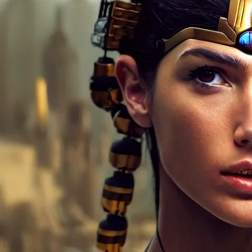 Prompt: beautiful Fine art photo of a young quiet Gal Gadot as a cyberpunk mayan robotic godess, photorealistic, centered, highly detailed and intricate, sun lighting, 8k