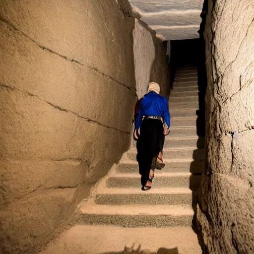 Prompt: Archeologist walking down staircase into dark Ancient Egyptian Tomb