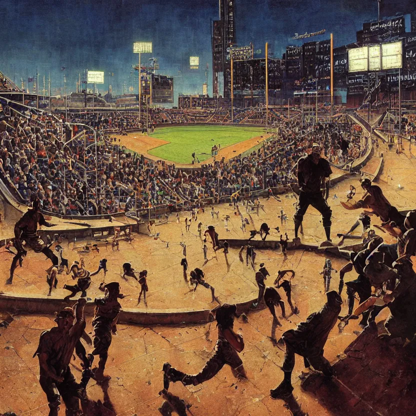 Prompt: a baseball field with ancient monoliths with glowing runes. highly detailed science fiction painting by daniel romanovsky, norman rockwell, syd mead. rich colors, high contrast, gloomy atmosphere, dark background.