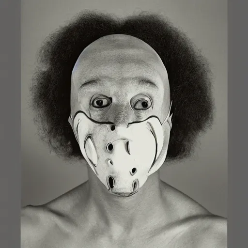 Image similar to photo of ugly brutal animal face mask muscular cultist by Diane Arbus and Louis Daguerre