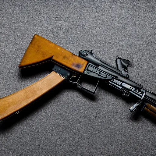 Image similar to A medium shot photograph of an AK-47 against a white background, 4k, ultra HD