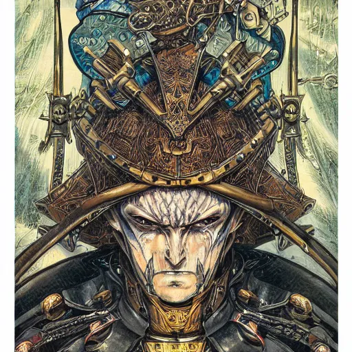 Image similar to portrait of crazy medieval knight, symmetrical, by yoichi hatakenaka, masamune shirow, josan gonzales and dan mumford, ayami kojima, takato yamamoto, barclay shaw, karol bak, yukito kishiro