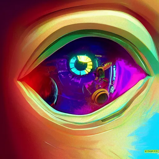 Image similar to Electronic Eye, colorful, fantasy, vivid colors, concept art, sharp focus, digital art, Hyper-realistic, 4K, Unreal Engine, Highly Detailed, HD, Dramatic Lighting by Brom, trending on Artstation