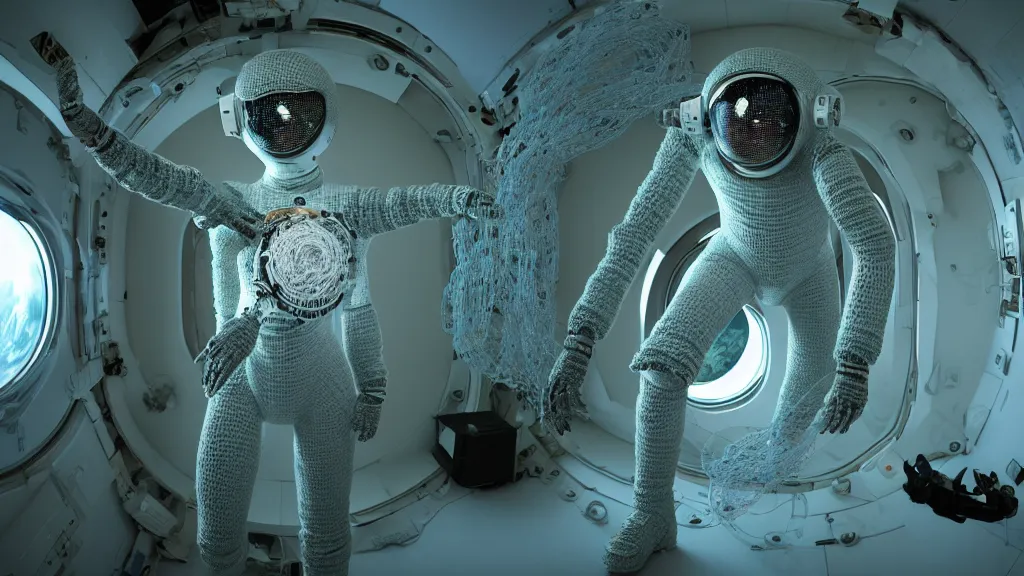 Image similar to a cybernetic symbiosis of a single astronaut eva suit made of wearing knitted yarn thread infected with diamond 3d fractal lace iridescent bubble 3d skin covered with insectoid compound eye camera lenses floats through the living room, film still from the movie directed by Denis Villeneuve with art direction by Salvador Dalí, wide lens,