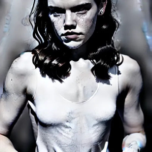 Prompt: black and white tattoo of daisy ridley